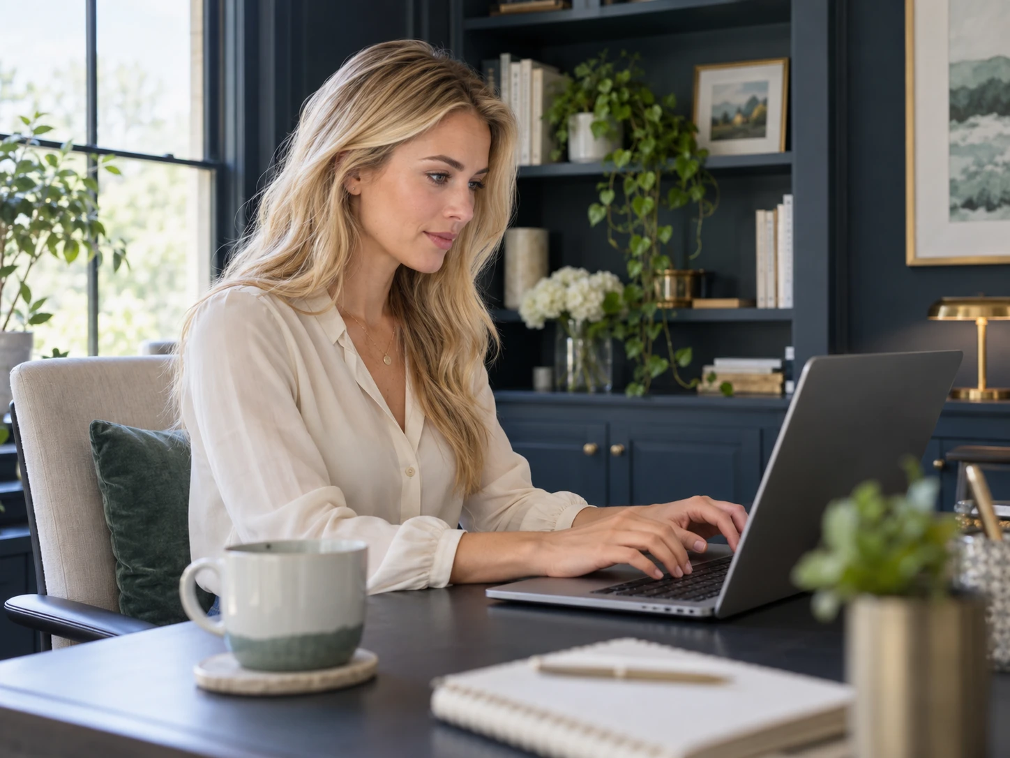 Influencer loira em seu home office, digitando no teclado e olhando para a tela com concentração.